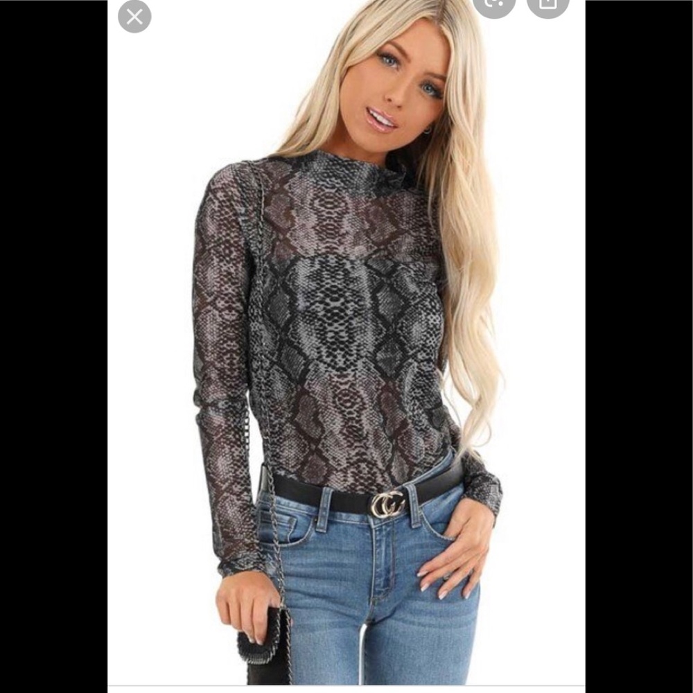 Grey & Charcoal Mesh Snakeskin Mock Neck Top
